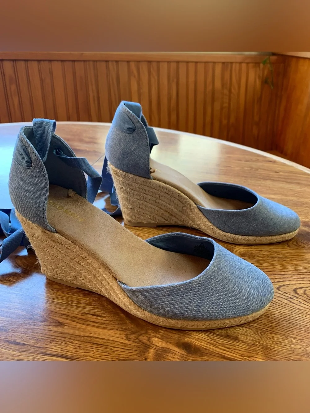 Blue Chambray Espadrille Wedge Sandals with Ankle Tie